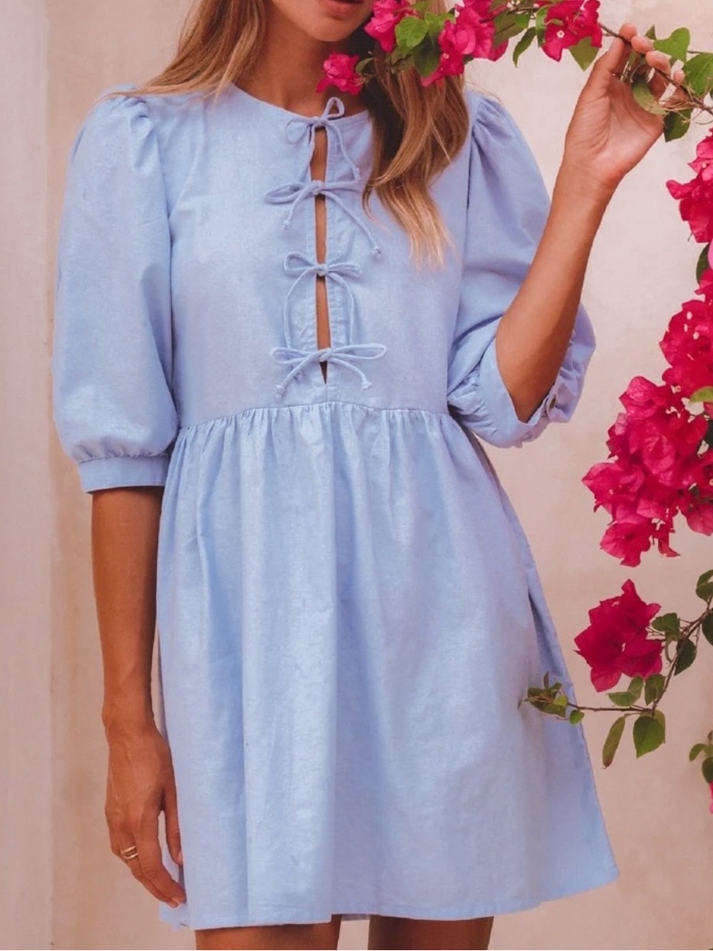 New! Linen Light Blue Tie-Front Puff Sleeve Dress Size M